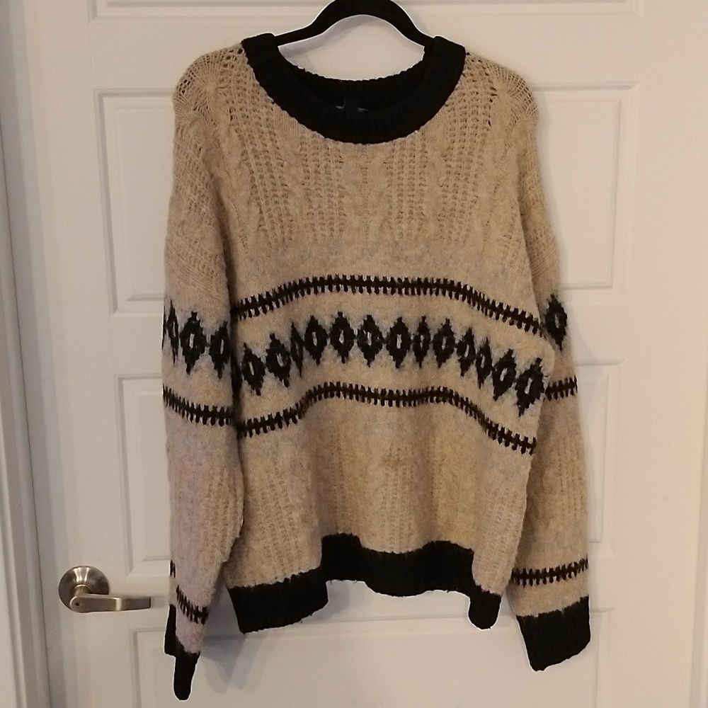 Chunky Cream Cable Knit Sweater with Black Fair Isle Trim